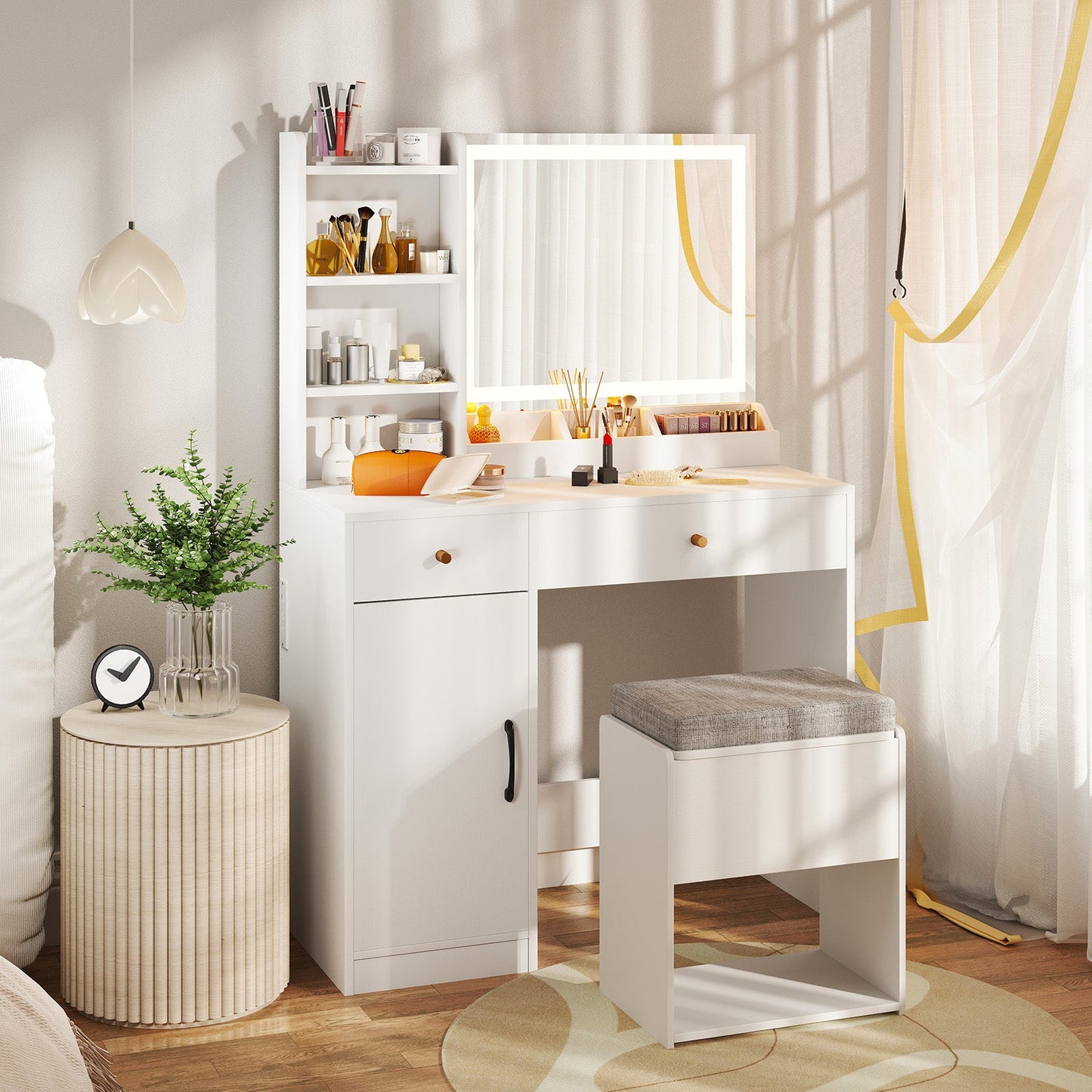 Tocador con espejo y luces y silla - Blanco