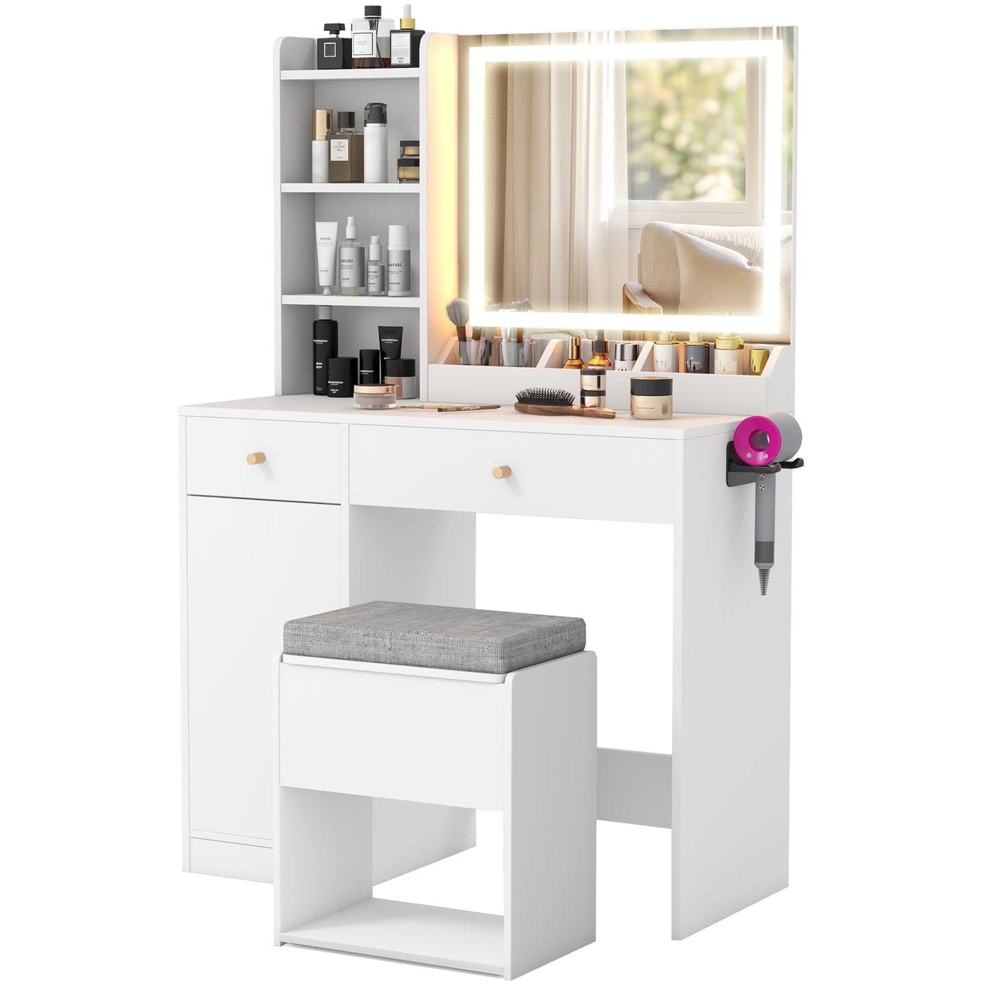 Tocador con espejo y luces y silla - Blanco
