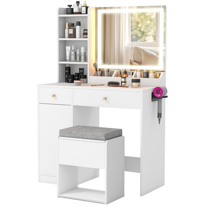 Tocador con espejo y luces y silla - Blanco