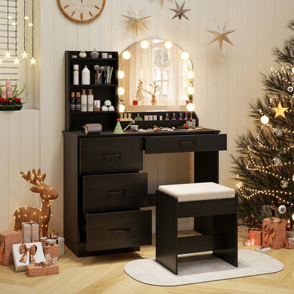 Mesa de tocador de maquillaje y taburete con espejo y luces - Negro