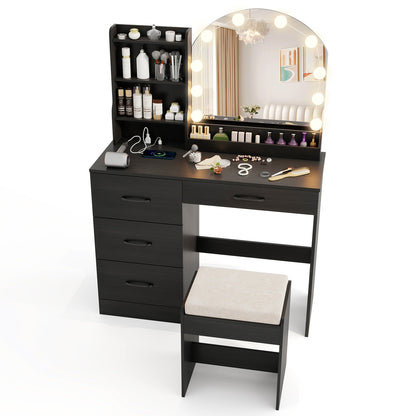 Mesa de tocador de maquillaje y taburete con espejo y luces - Negro