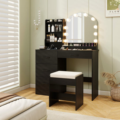 Mesa de tocador de maquillaje y taburete con espejo y luces - Negro