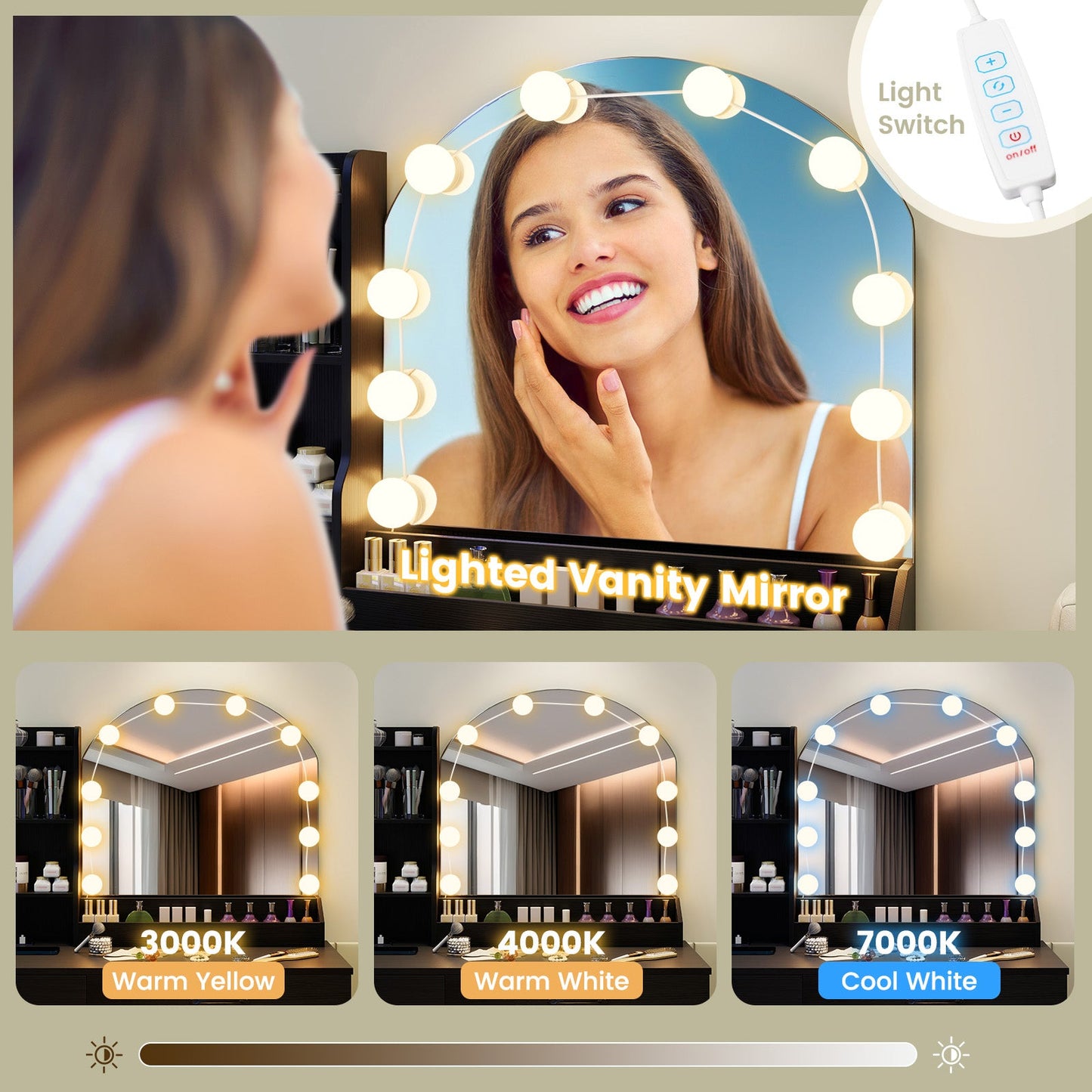 Mesa de tocador de maquillaje y taburete con espejo y luces - Negro