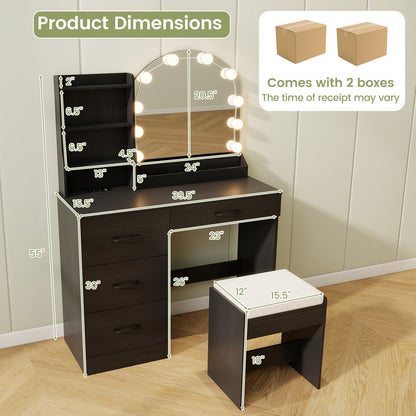 Mesa de tocador de maquillaje y taburete con espejo y luces - Negro