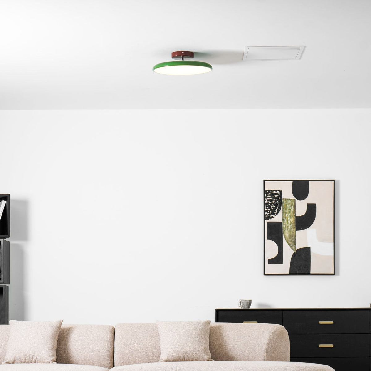 Orbitra Moktan Sabai flush mount LED ceiling light with swivel arm in green and beige, dimmable on Tampa Home & Garden Store