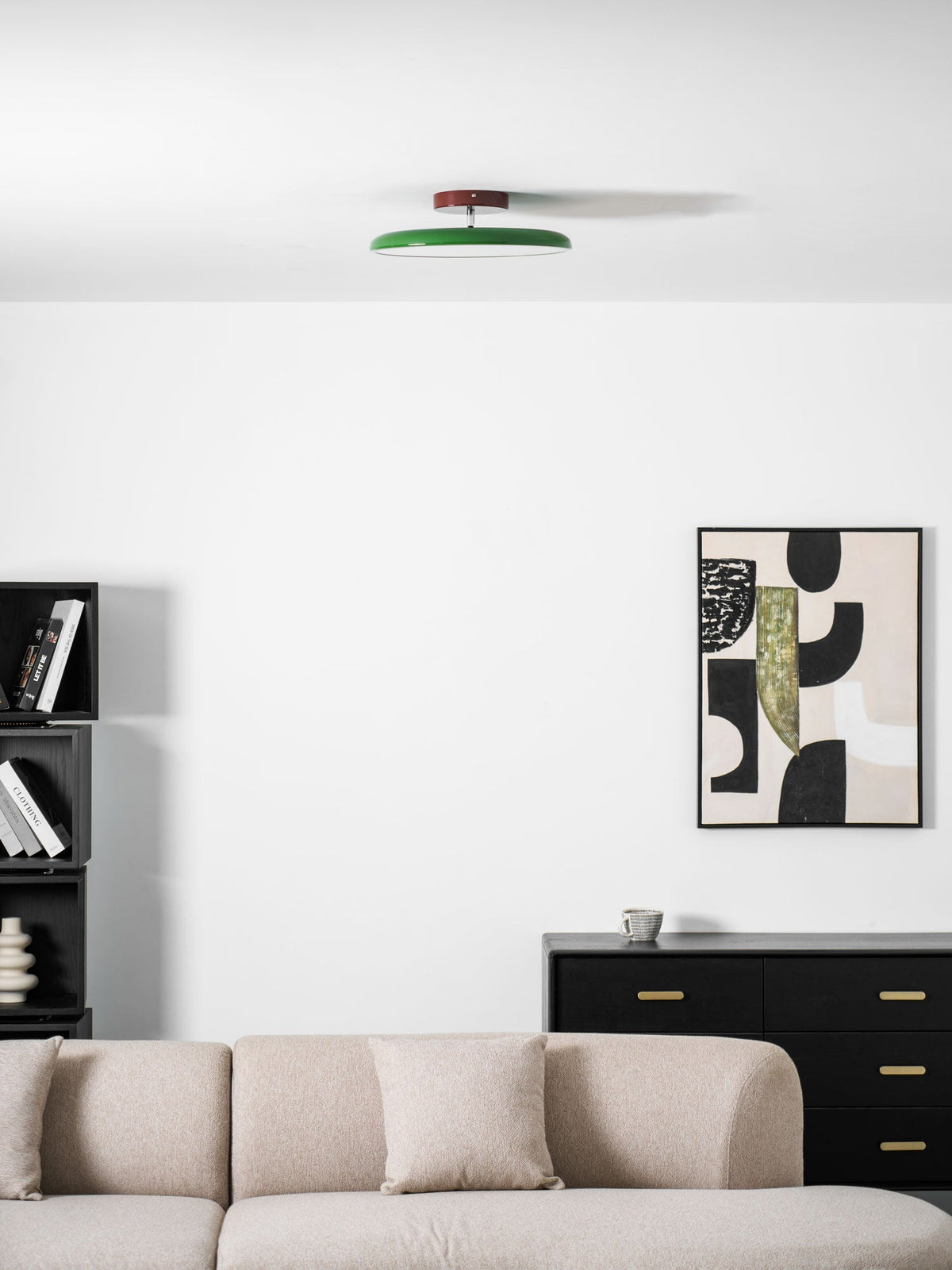 Moktan Sabai Orbitra flush mount LED ceiling light with swivel arm, green shade dimmable on Tampa Home & Garden Store