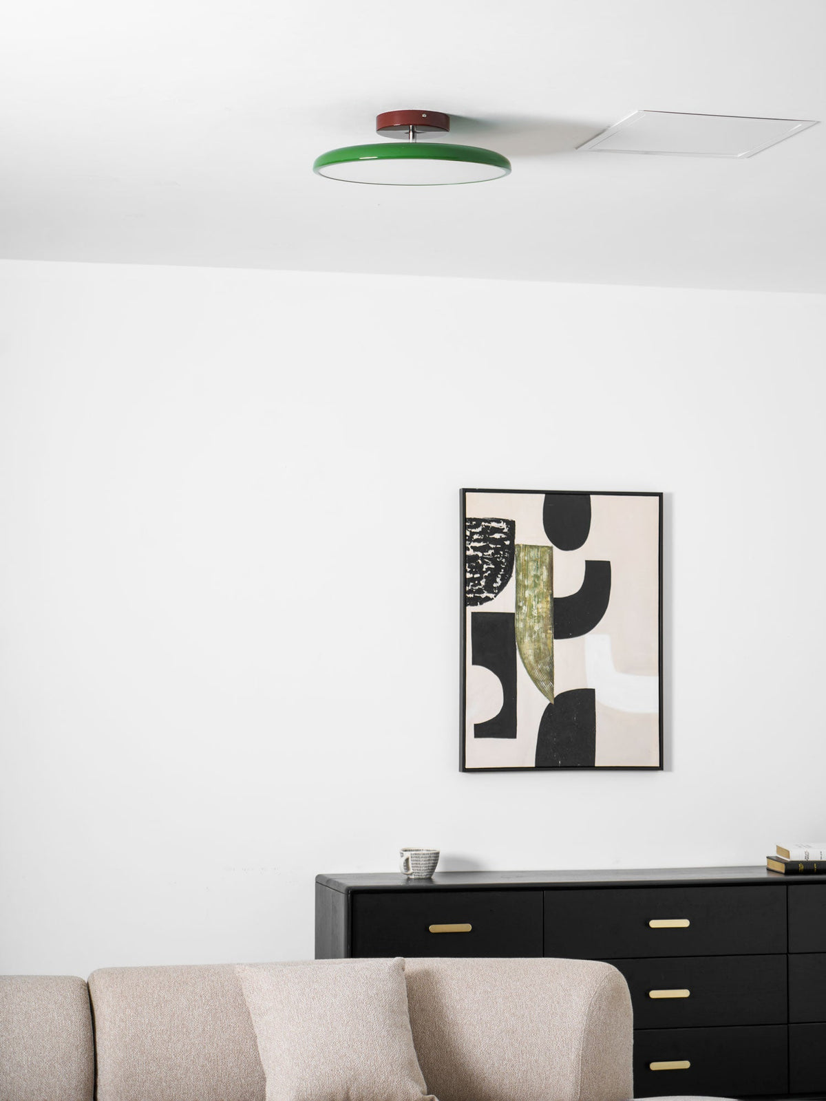 Orbitra flush mount LED ceiling light with swivel arm by Moktan Sabai, green ring, dimmable on Tampa Home & Garden Store