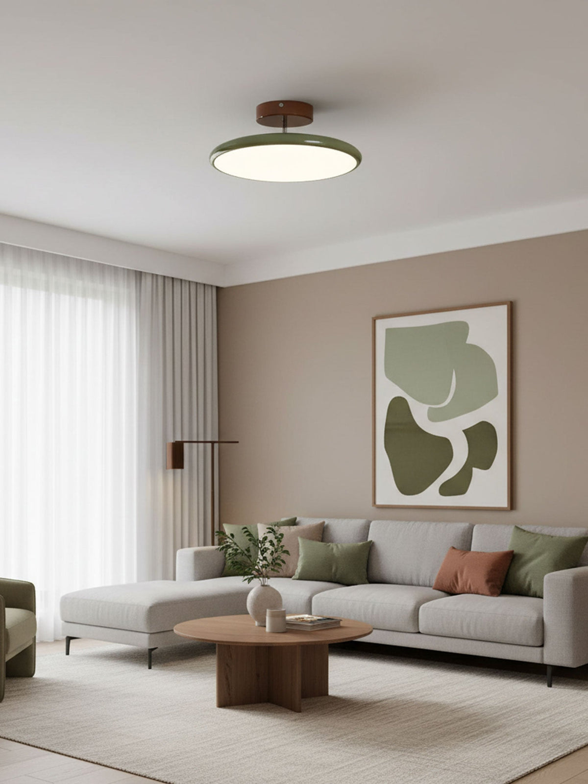 Orbitra flush mount LED ceiling light with swivel arm in beige-green, dimmable Moktan Sabai on Tampa Home & Garden Store