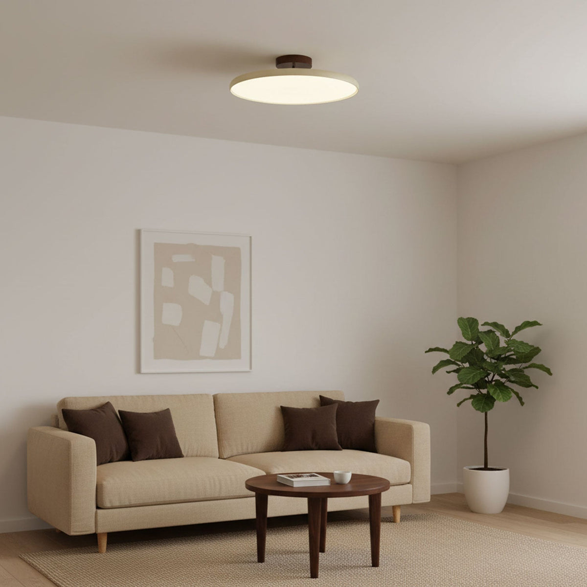 Orbitra flush-mount LED ceiling light with swivel arm, dimmable beige fixture in living room on Tampa Home & Garden Store