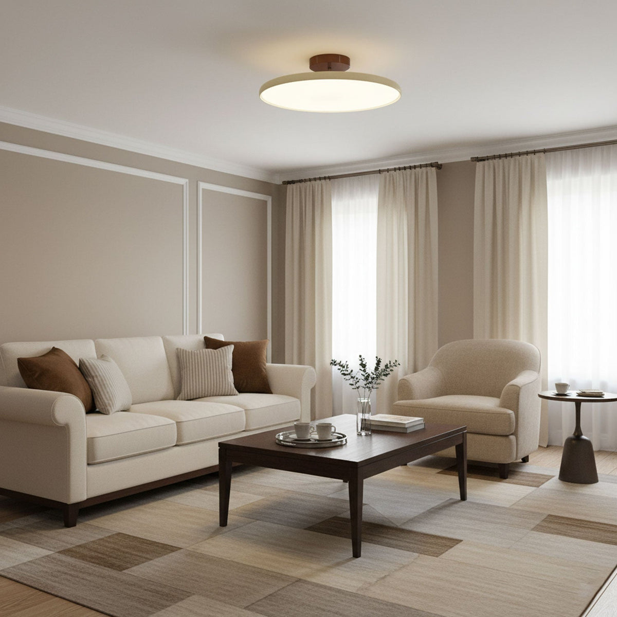 Orbitra flush mount LED ceiling light with swivel arm, beige fixture in living room on Tampa Home & Garden Store