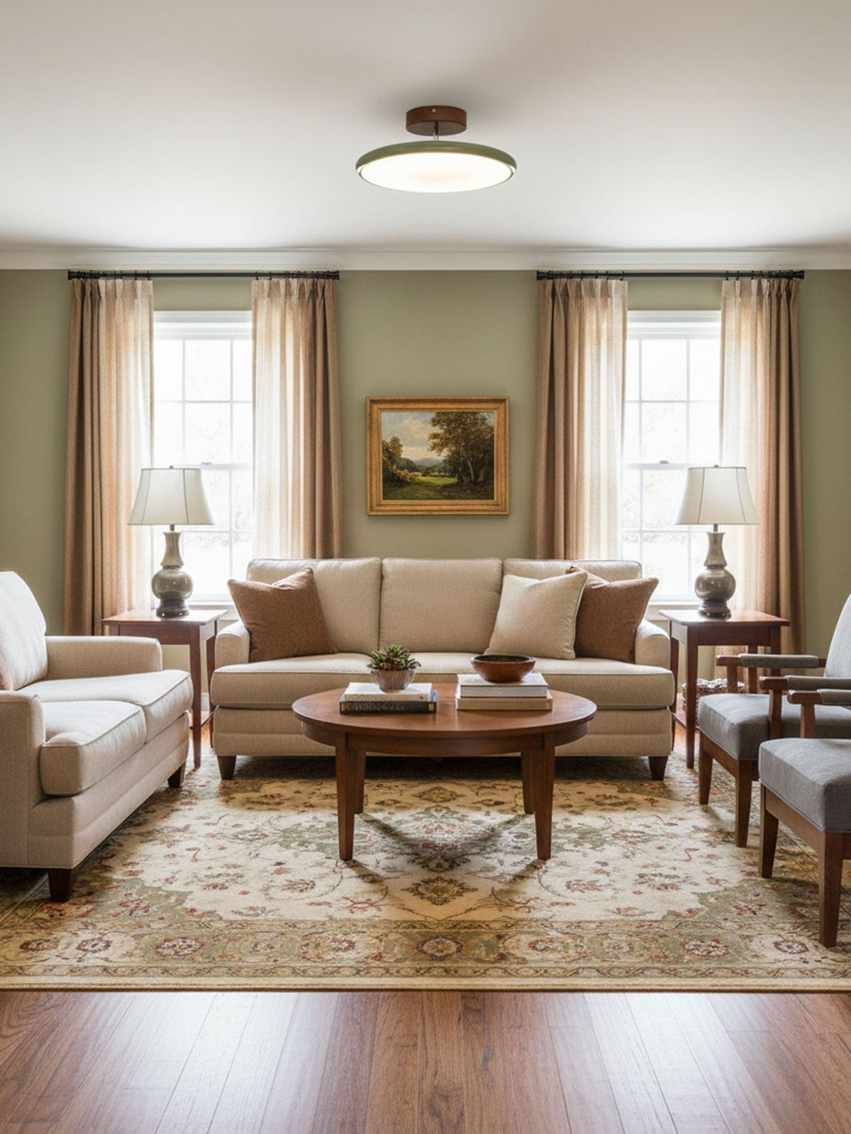 Orbitra flush mount LED ceiling light with swivel arm in green-beige finish over beige sofa on Tampa Home & Garden Store