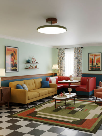 Orbitra flush mount LED ceiling light with swivel arm, olive-green ring and white diffuser on Tampa Home & Garden Store
