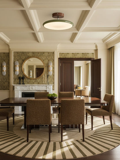 Orbitra green circular flush mount LED ceiling light with frosted diffuser and wood canopy on Tampa Home & Garden Store
