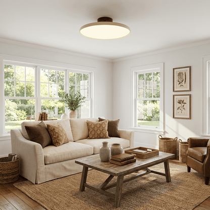 Orbitra flush mount LED ceiling light with swivel arm, dimmable beige fixture on Tampa Home & Garden Store