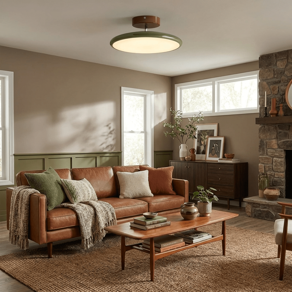 Orbitra flush mount LED ceiling light with swivel arm in green bezel and beige diffuser dimmable on Tampa Home & Garden Store