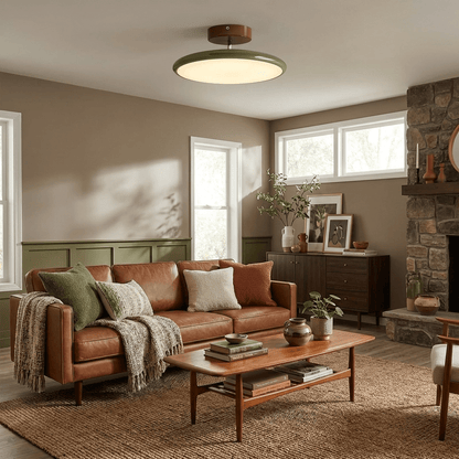 Orbitra flush mount LED ceiling light with swivel arm in green bezel and beige diffuser dimmable on Tampa Home & Garden Store
