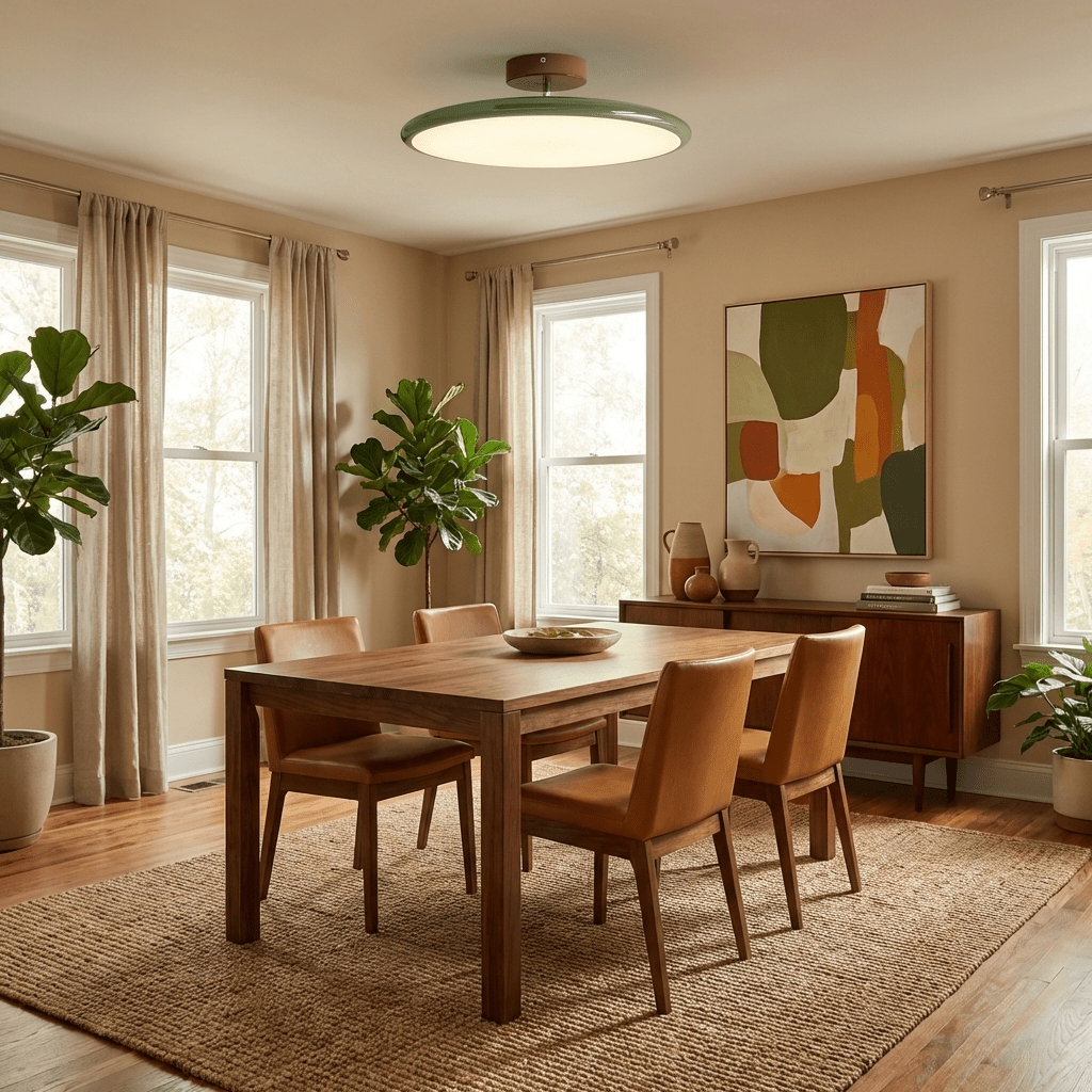 Orbitra flush mount LED ceiling light with swivel arm in beige-green over a wooden dining table on Tampa Home & Garden Store