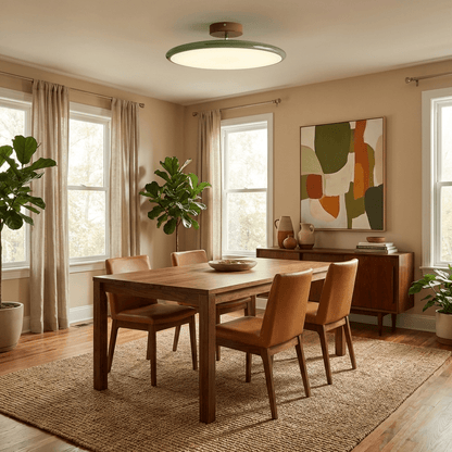 Orbitra flush mount LED ceiling light with swivel arm in beige-green over a wooden dining table on Tampa Home & Garden Store