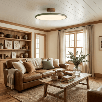 Orbitra flush mount LED ceiling light with swivel arm, green circular fixture and brown mount on Tampa Home & Garden Store
