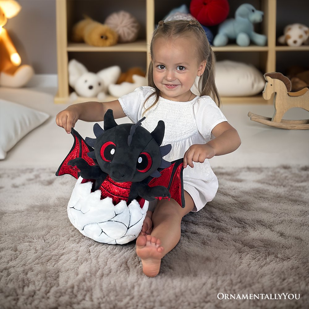Drogo the Dino in an Egg Plushie, 12" Black and Red Dinosaur Stuffed Animal Gift for Boys and Teens - Tampa Home & Garden Store