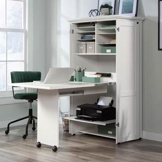 Drop Leaf Computer Desk Craft Table Armoire in White Wood Finish - Made in USA - Tampa Home & Garden Store
