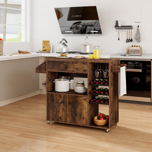 Drop Leaf Mobile Kitchen Island Cart with Power Outlet and Adjustable Shelf-Rustic Brown - Tampa Home & Garden Store