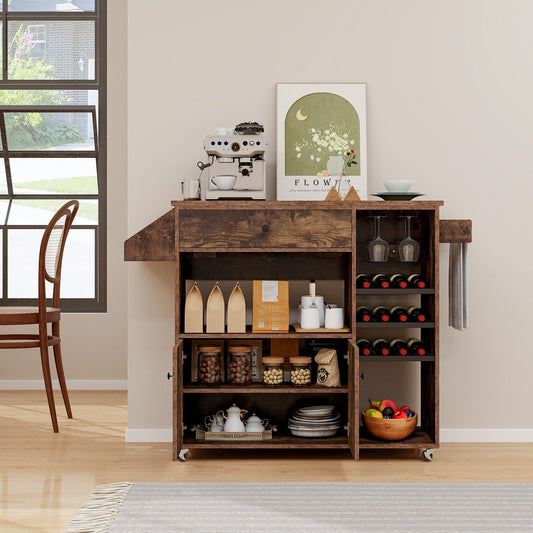 Drop Leaf Mobile Kitchen Island Cart with Power Outlet and Adjustable Shelf-Rustic Brown - Tampa Home & Garden Store
