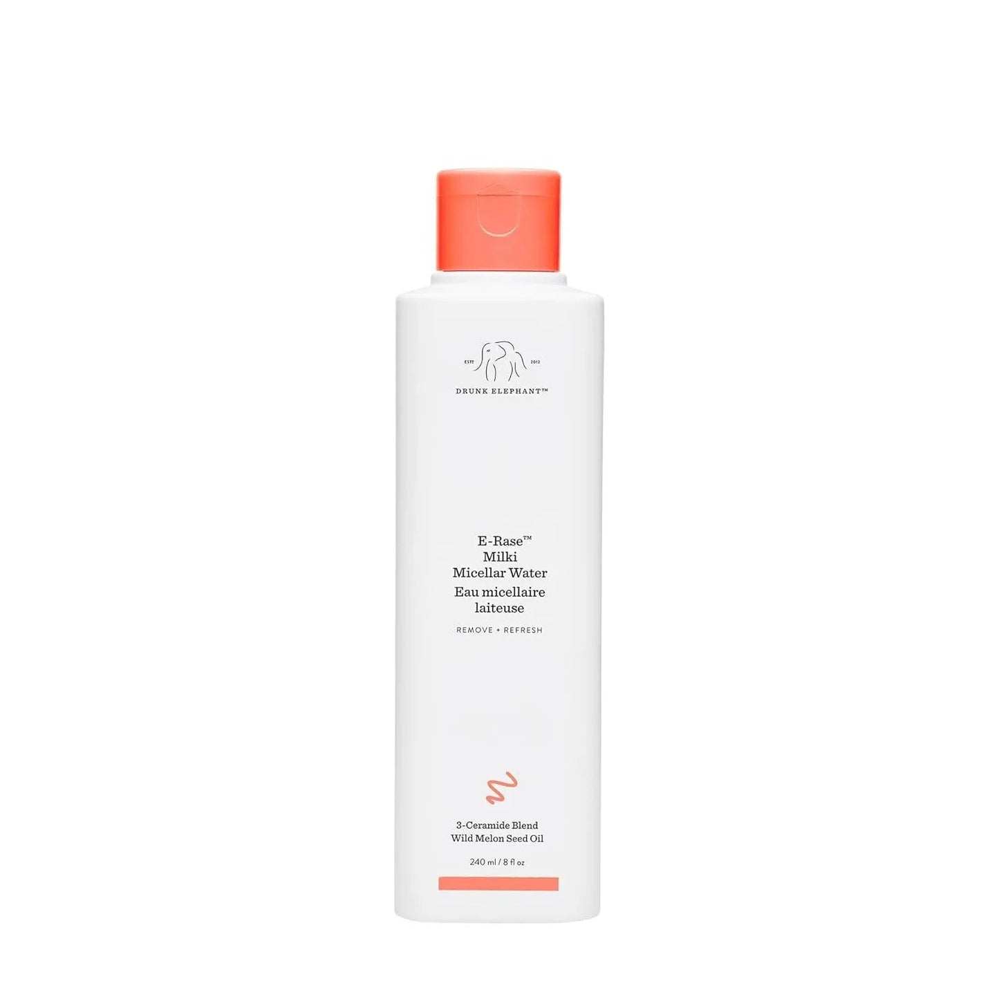 Drunk Elephant E-Rase Milki Micellar Water bottle with coral cap, white sleek bottle 240 mL on Tampa Home & Garden Store