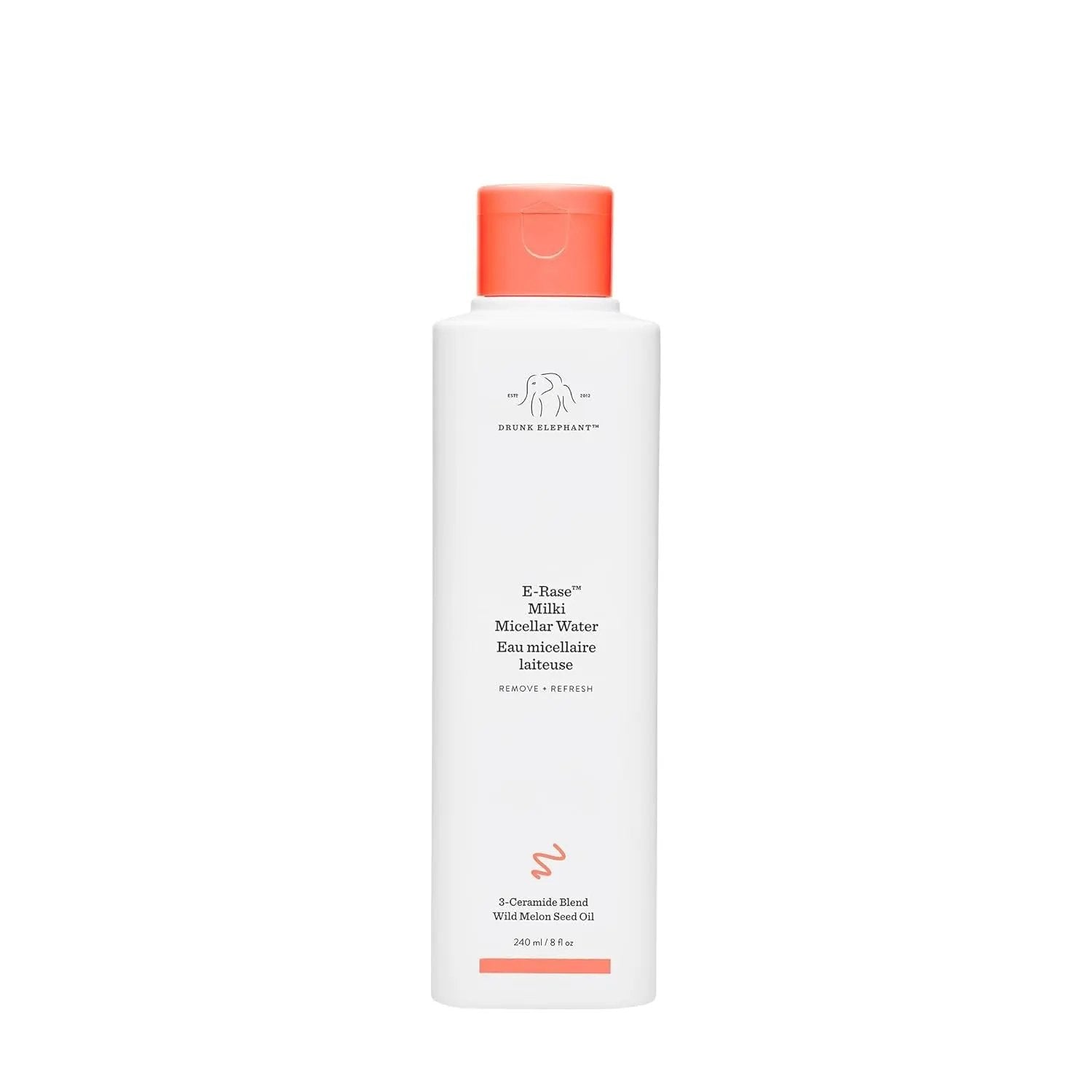 Drunk Elephant E-Rase Milki Micellar Water bottle with coral cap, white sleek bottle 240 mL on Tampa Home & Garden Store