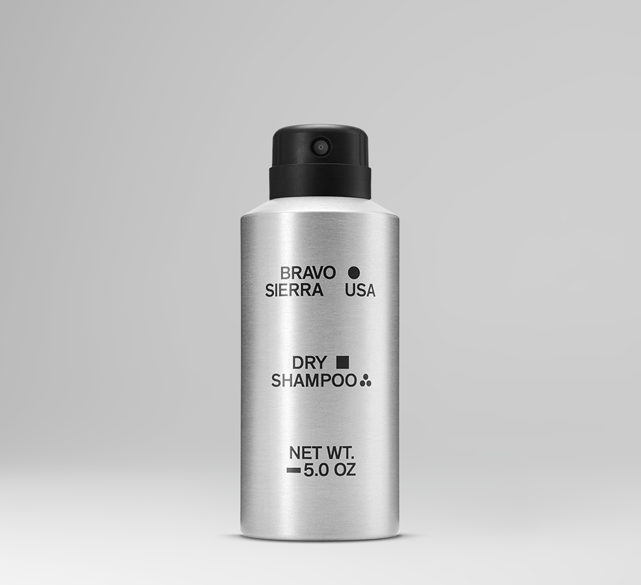 Dry Shampoo bottle by Bravo Sierra, aluminum silver with black spray cap, 5 oz on Tampa Home & Garden Store