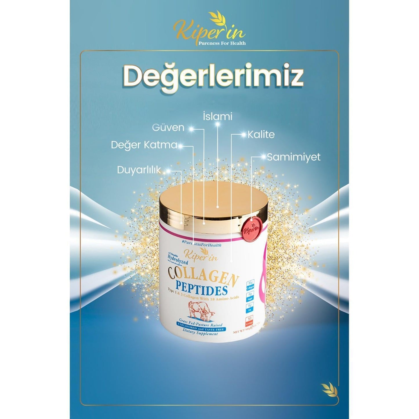 Kiperin Collagen Peptides 500g bottle with gold lid on Tampa Home & Garden Store
