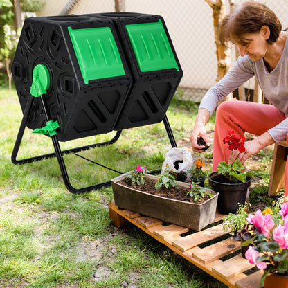 Compostador Giratorio de Jardín de Doble Cámara con Puertas Correderas - Negro y Verde
