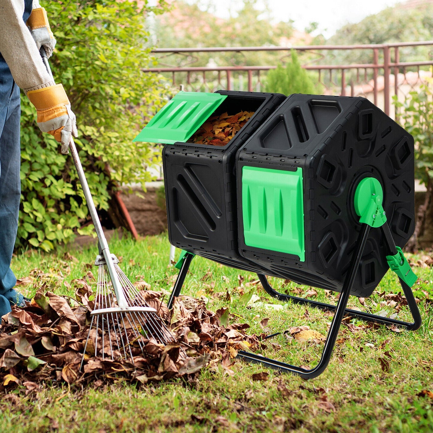 Compostador Giratorio de Jardín de Doble Cámara con Puertas Correderas - Negro y Verde