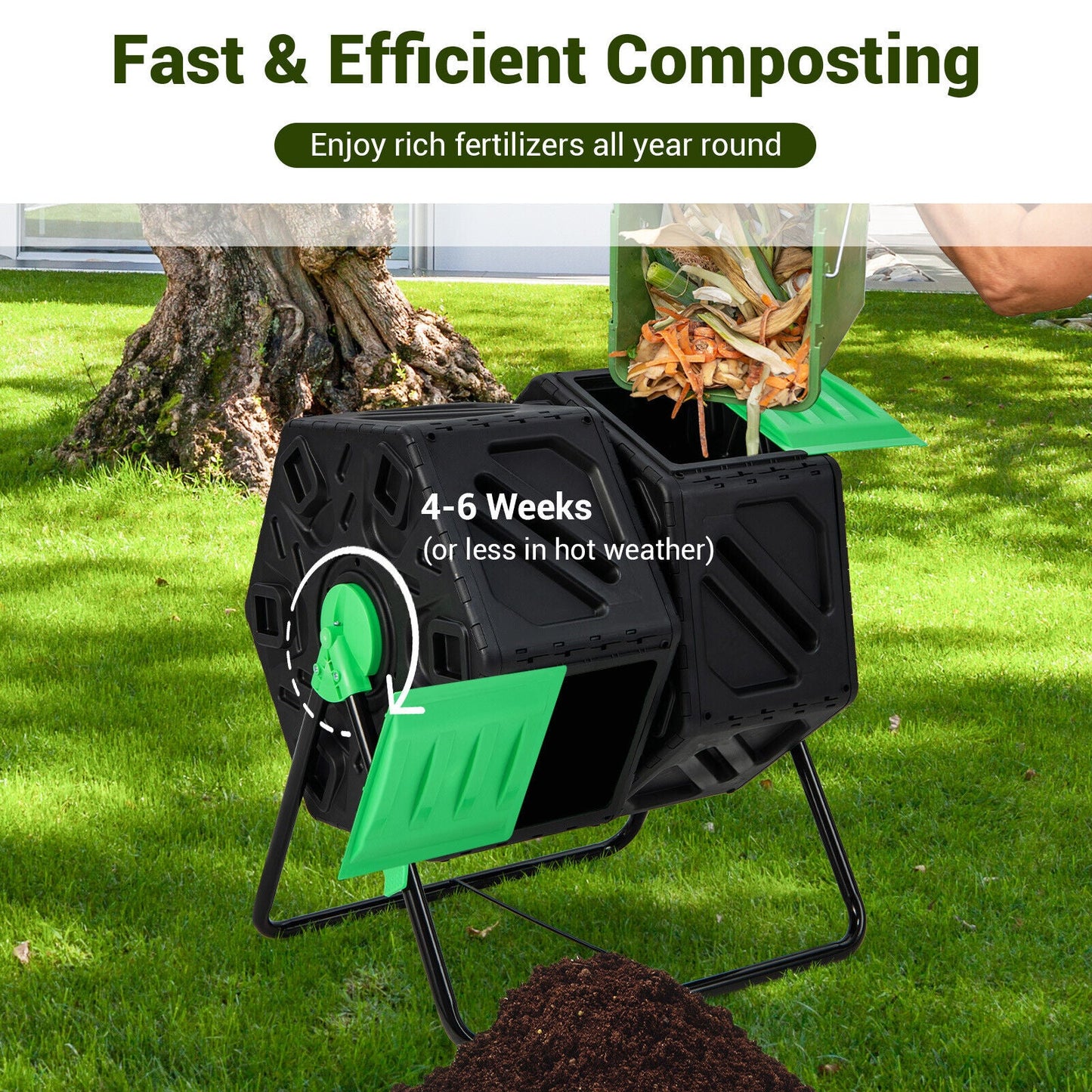 Compostador Giratorio de Jardín de Doble Cámara con Puertas Correderas - Negro y Verde