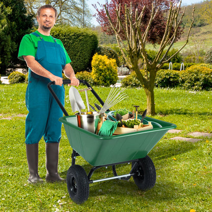 Dual-Wheel Wheelbarrow Garden Utility Cart DirectDeals green with pneumatic tires and tools on Tampa Home & Garden Store