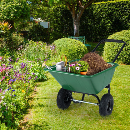 Dual-Wheel Wheelbarrow with green tub and pneumatic tires by DirectDeals on Tampa Home & Garden Store