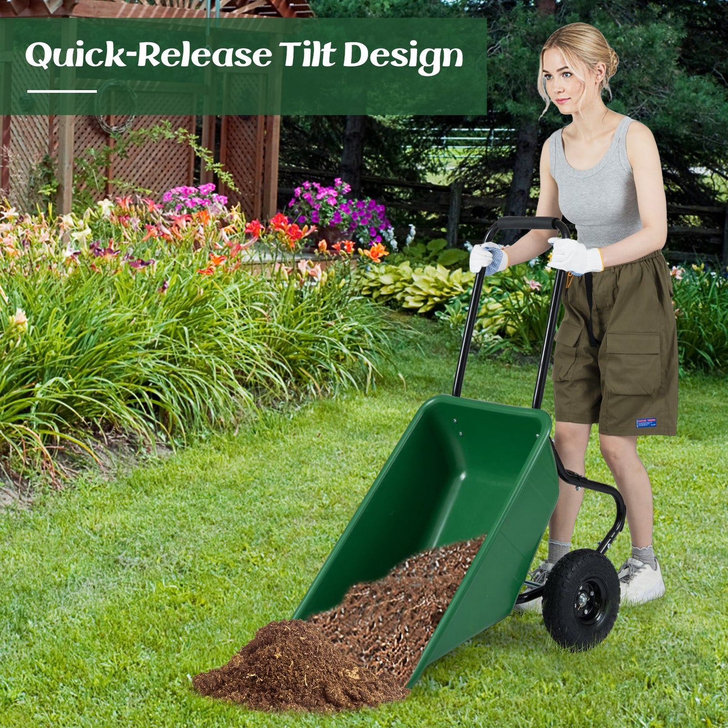 DirectDeals dual-wheel wheelbarrow garden utility cart with pneumatic tires in green on Tampa Home & Garden Store