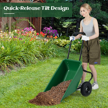 DirectDeals dual-wheel wheelbarrow garden utility cart with pneumatic tires in green on Tampa Home & Garden Store