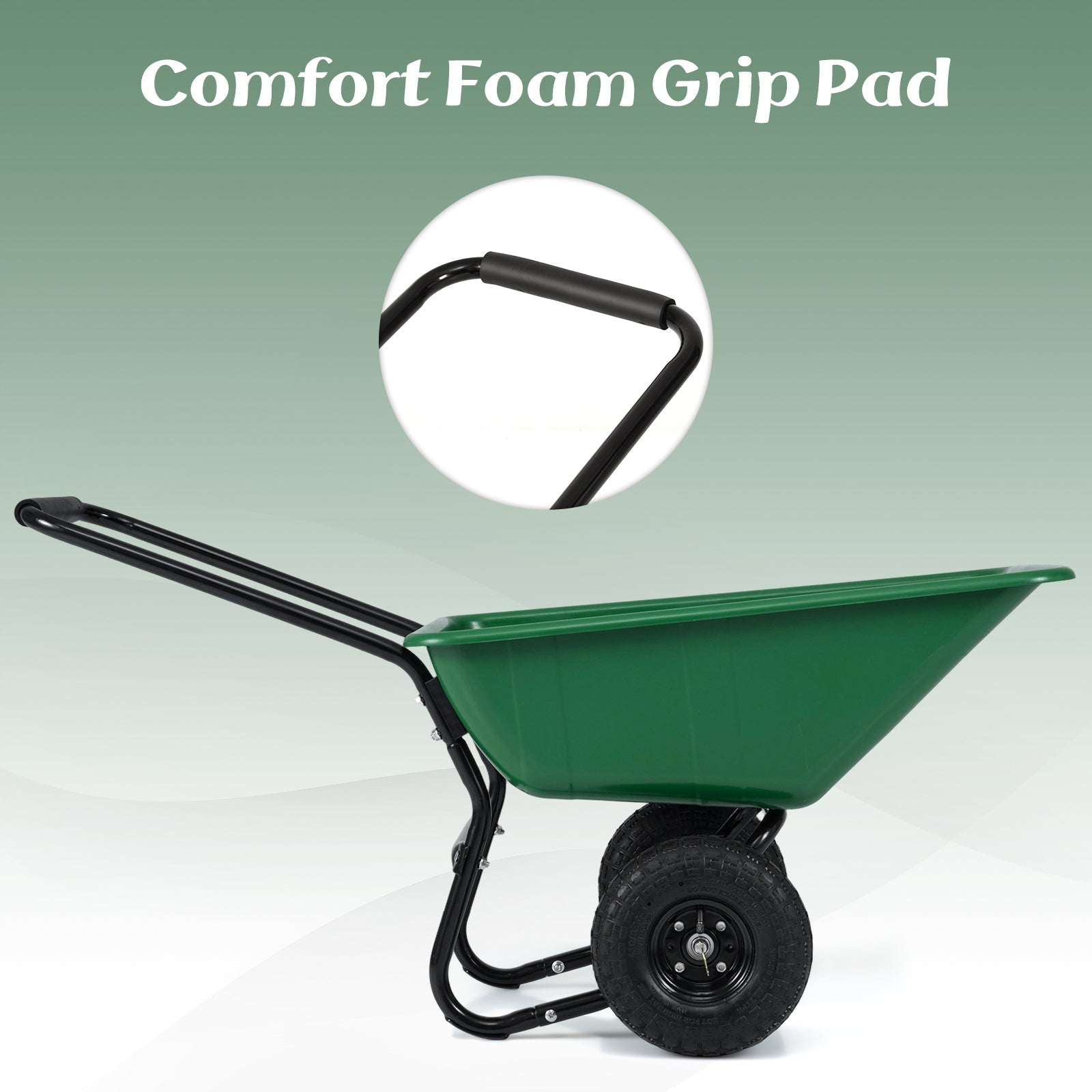 Dual-Wheel Wheelbarrow with Pneumatic Tires, green tub, black frame, foam grip handles on Tampa Home & Garden Store