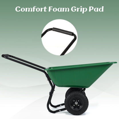Dual-Wheel Wheelbarrow with Pneumatic Tires, green tub, black frame, foam grip handles on Tampa Home & Garden Store