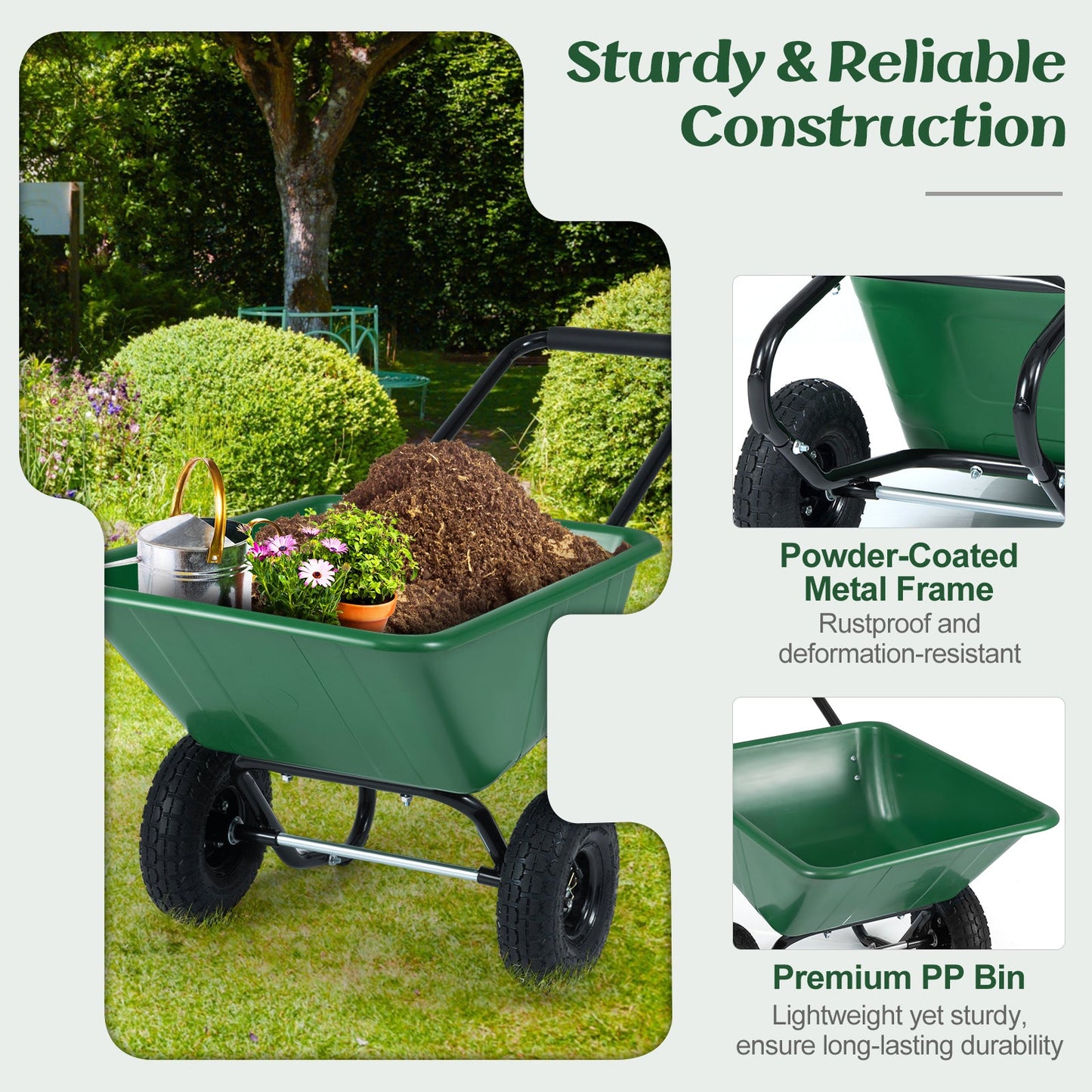 Dual-Wheel Wheelbarrow garden cart with pneumatic tires and powder-coated metal frame in green on Tampa Home & Garden Store