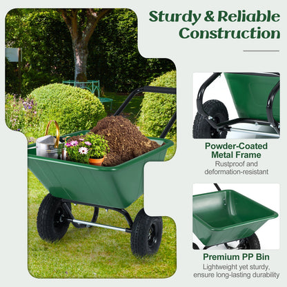 Dual-Wheel Wheelbarrow garden cart with pneumatic tires and powder-coated metal frame in green on Tampa Home & Garden Store