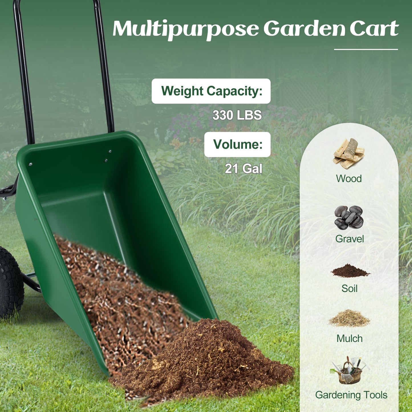DirectDeals dual-wheel wheelbarrow with pneumatic tires, green tray loaded with soil on Tampa Home & Garden Store