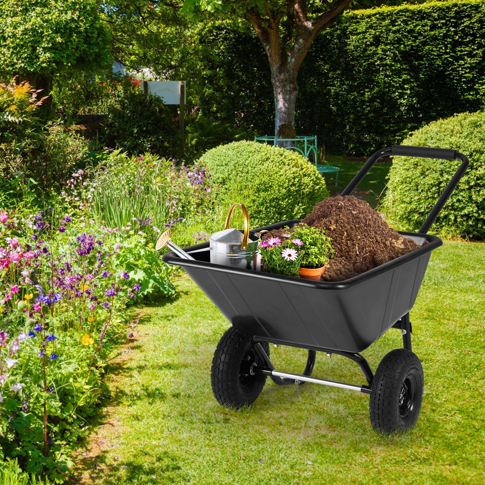 DirectDeals dual-wheel wheelbarrow garden cart with pneumatic tires black tub on Tampa Home & Garden Store