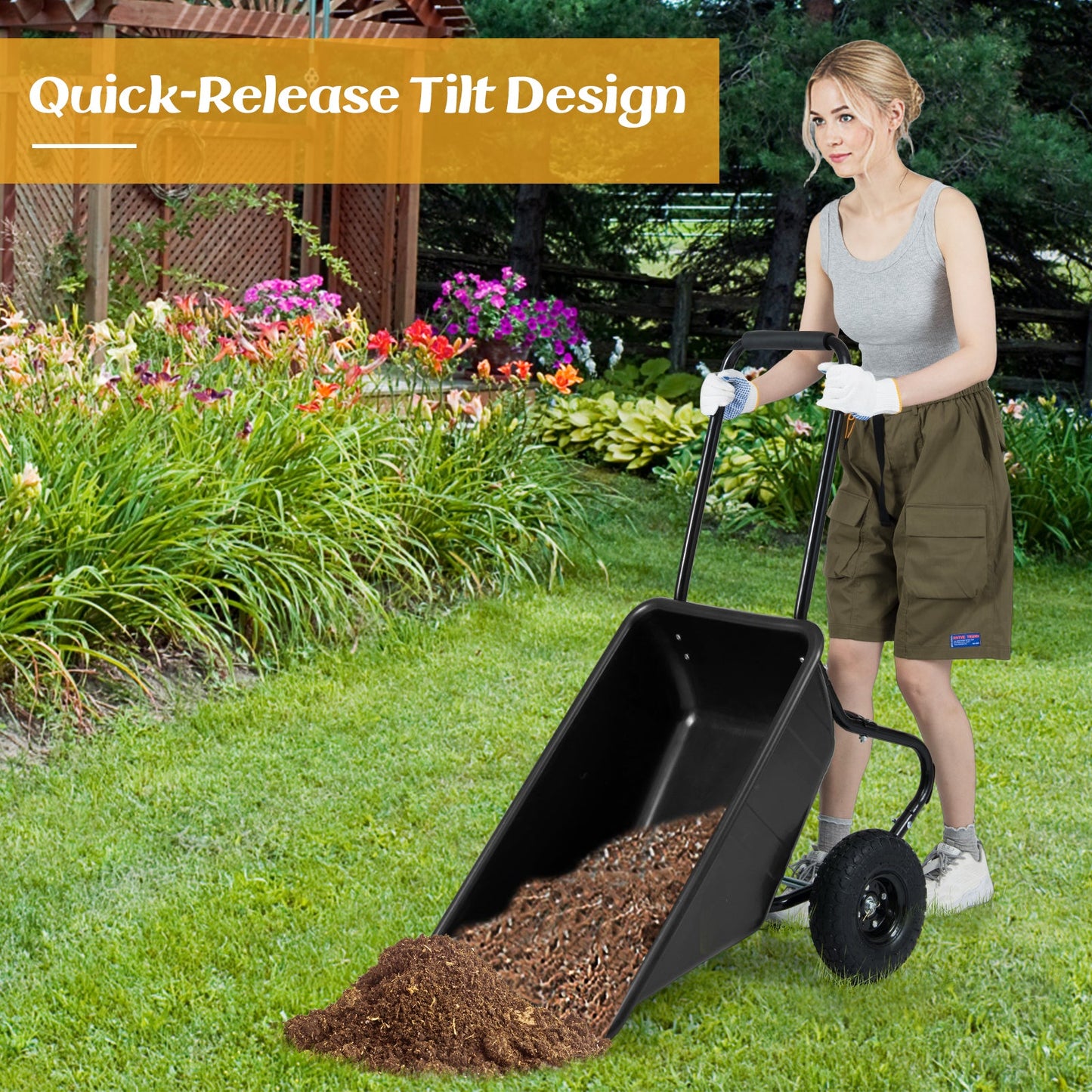 DirectDeals Dual-Wheel Wheelbarrow with Pneumatic Tires black tub pushed by a woman in a garden on Tampa Home & Garden Store