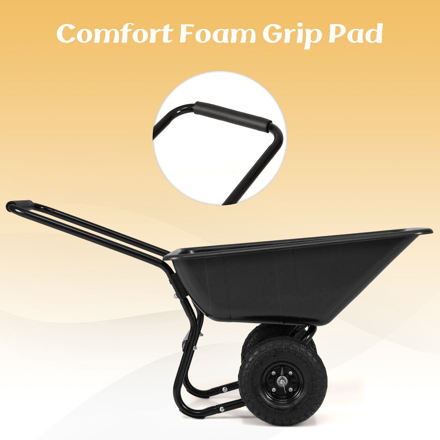 DirectDeals dual-wheel wheelbarrow garden cart with pneumatic tires and black steel frame on Tampa Home & Garden Store