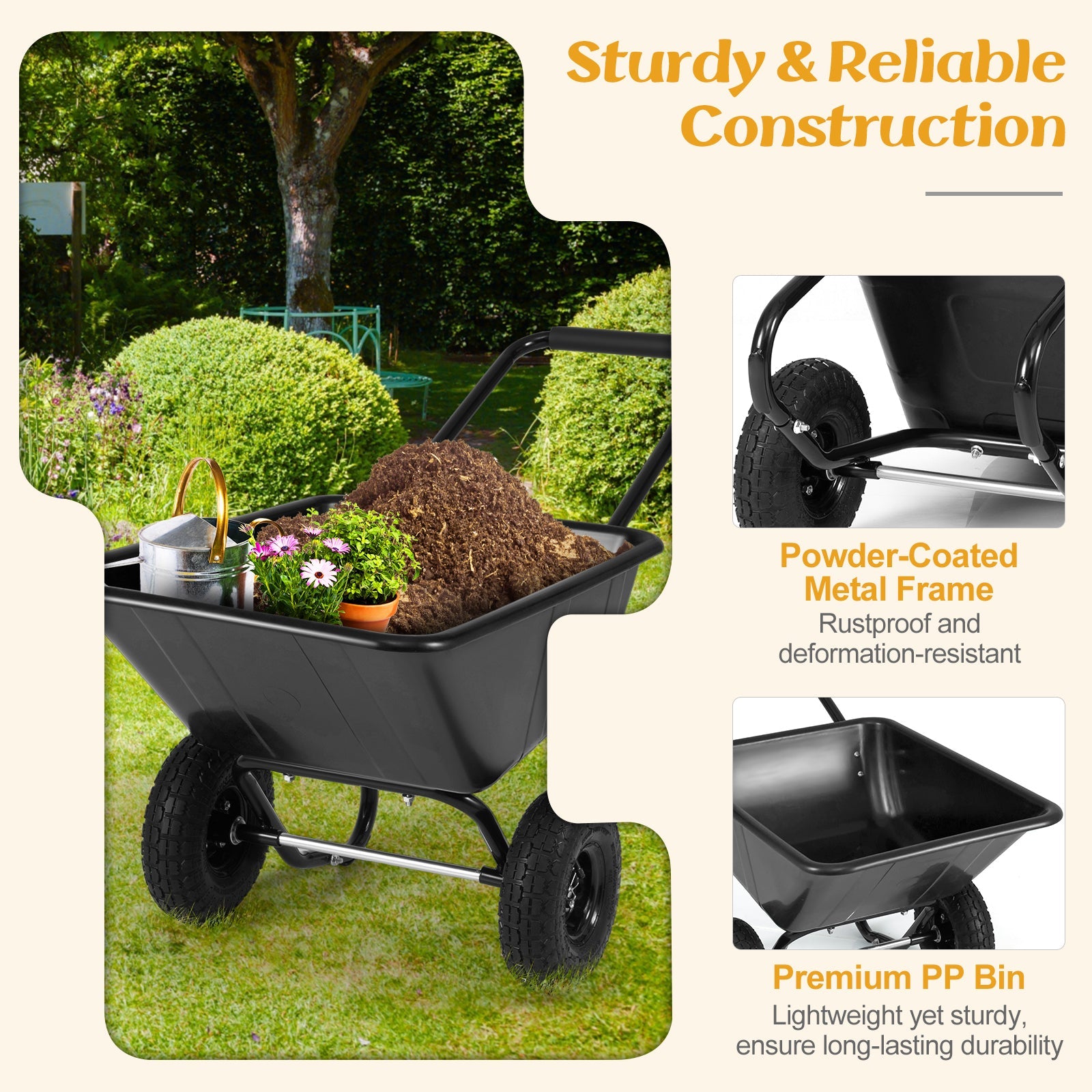 Dual-Wheel Wheelbarrow Garden Utility Cart with Pneumatic Tires carrying soil and potted flowers on Tampa Home & Garden Store