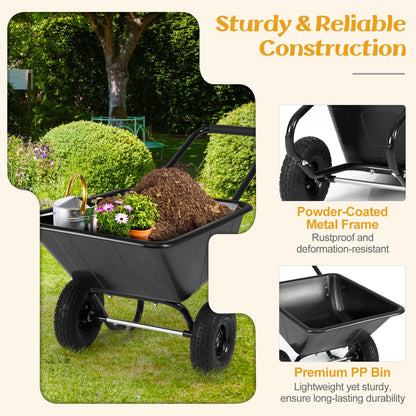 Dual-Wheel Wheelbarrow Garden Utility Cart with Pneumatic Tires carrying soil and potted flowers on Tampa Home & Garden Store