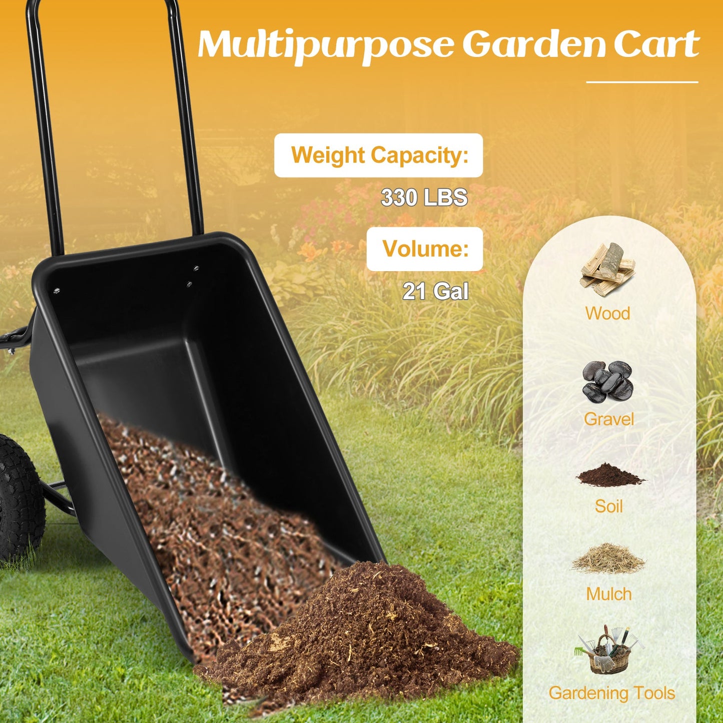 Dual-Wheel Wheelbarrow Garden Utility Cart by DirectDeals, black tray with pneumatic tires on Tampa Home & Garden Store