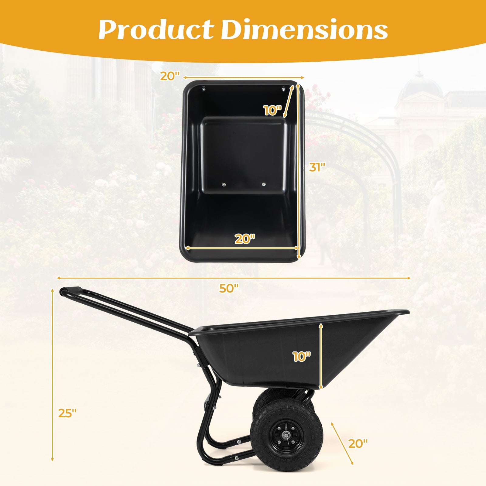 DirectDeals Dual-Wheel Wheelbarrow with Pneumatic Tires, black steel tray, two wheels on Tampa Home & Garden Store
